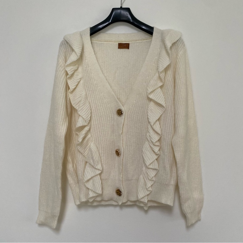 POL Kelli Ruffles Buttoned Down Rabbit Hair Wool Cardigan Large NWOT Ivory